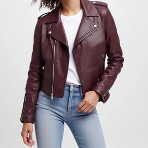 Burgundy Women’s Leather Jacket – Motorcycle Biker Style, Real Leather Fashion