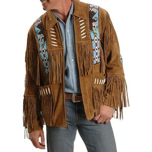 Men American Native Western Cowboy Real Leather Jacket Fringes & Beaded  Western Suede Leather Jacket Fringe Cowboy
