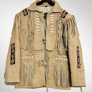 Men American Native Western Cowboy Real Leather Jacket Fringes & Beaded  Western Suede Leather Jacket Fringe Cowboy
