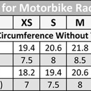 May include: Size chart for motorbike racing gloves, showing hand circumference measurements in inches and centimetres for different sizes: XS, S, M, L, XL, XXL, 3XL, and 4XL.