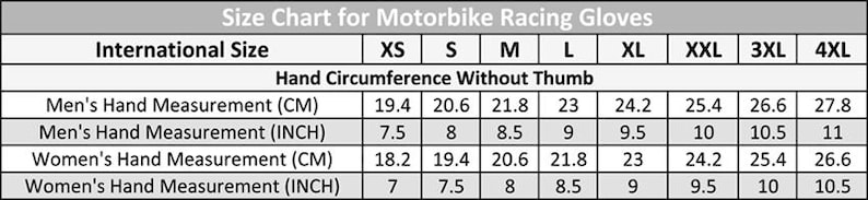 May include: Size chart for motorbike racing gloves, showing hand circumference measurements in inches and centimetres for different sizes: XS, S, M, L, XL, XXL, 3XL, and 4XL.