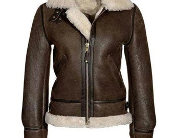 Vintage Shearling Leather Aviator Jacket: Women's Flight Bomber Coat