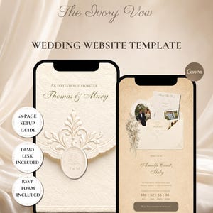 Pode incluir: Duas telas de smartphone exibindo um modelo de site de casamento intitulado The Ivory Vow. O design apresenta fundos na cor creme, gráficos de envelopes em relevo, espaços para fotos e texto incluindo Thomas & Mary e Amalfi Coast, Italy.