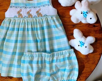 Little Girl’s Handsmocked Trio of Cute Bunnies Size 12 months Ready to Ship