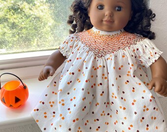 15 inch Handsmocked Bishop Doll Dress featuring Tiny Pumpkins
