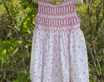 Girls Smocked Jumper Dress Size 3T Floral Cotton Pink White Sleeveless Wrap Back
