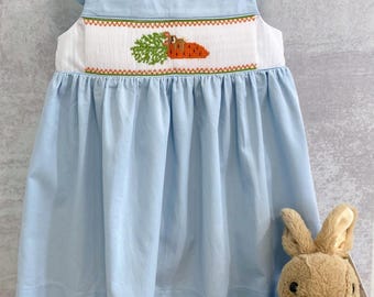 Girl’s Handsmocked Sundress featuring “Carrot Hugger”