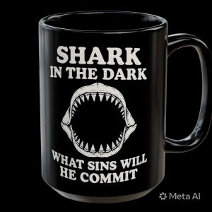 May include: A black ceramic mug featuring white text that reads SHARK IN THE DARK at the top and WHAT SINS WILL HE COMMIT at the bottom. Centered between the two lines of text is a white graphic illustration of an open shark jaw with sharp teeth.