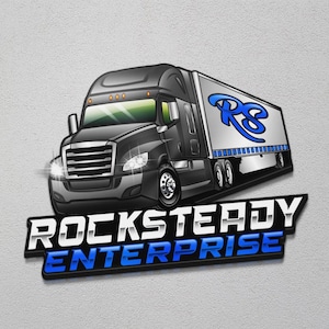 May include: A stylized illustration of a black semi-truck with a white trailer. The trailer has a blue logo. The words "ROCKSTEADY ENTERPRISE" are displayed in white and blue text below the truck.