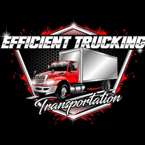May include: A red and silver semi-truck illustration with the words "EFFICIENT TRUCKING" and "Transportation" on a black background. The design features a hexagonal pattern and red accents.