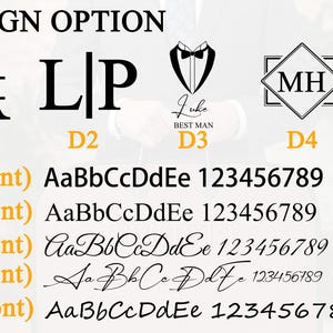 May include: A design option chart featuring four black graphic monograms labelled D1 through D4, followed by five font style rows labelled D5 through D9, each displaying the alphabet from Aa to Ee and the numbers 1 through 9 in black text.