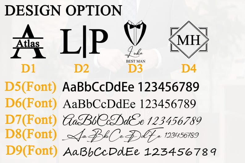 May include: A design option chart featuring four black graphic monograms labelled D1 through D4, followed by five font style rows labelled D5 through D9, each displaying the alphabet from Aa to Ee and the numbers 1 through 9 in black text.
