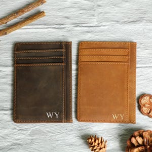 Tarjetero de cuero fino, billetera personalizada, billetera minimalista con bolsillo frontal, billetera pequeña para identificación hecha a mano, regalo de aniversario para él o ella.