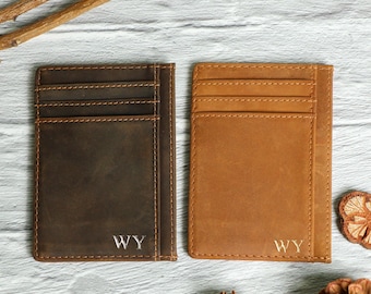 Schmaler Leder-Kartenhalter, personalisierte Brieftasche, Minimalistische Brieftasche für die Vordertasche, handgefertigte kleine Geldbörse, Jubiläumsgeschenk für Ihn Männer