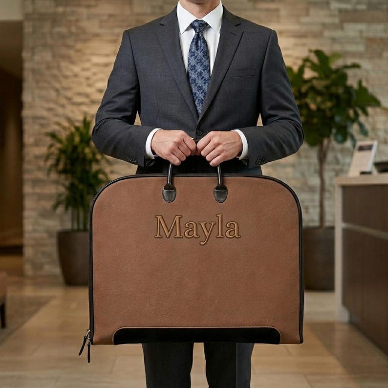 May include: A brown garment bag with black trim and handles, featuring the name Mayla embossed in the centre. The bag is held by a person wearing a dark grey suit, a white collared shirt, and a blue patterned necktie.