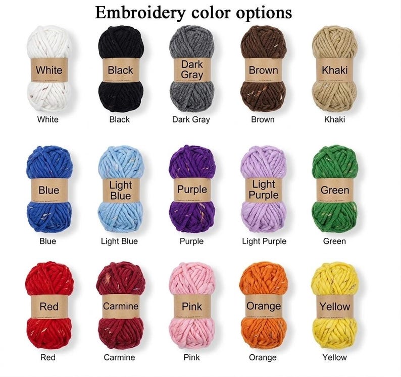 May include: Fifteen skeins of yarn arranged in three rows, each with a paper label identifying the colour. Colours include white, black, dark grey, brown, khaki, blue, light blue, purple, light purple, green, red, carmine, pink, orange, and yellow.