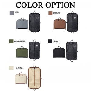 May include: The image shows garment bags in grey, brown, olive green, black, and beige. Each colour option includes a smaller, folded bag and a larger, full-length bag. The text "COLOR OPTION" is at the top of the image.