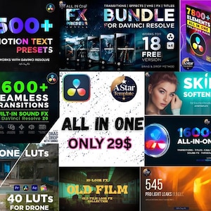 Peut inclure: Ensemble de packs de produits numériques pour le montage vidéo, comprenant des préréglages de texte animé, des transitions fluides et des effets. Les graphiques présentent du texte tel que "ALL IN ONE" et "ONLY 29$", avec diverses couleurs et noms de produits.