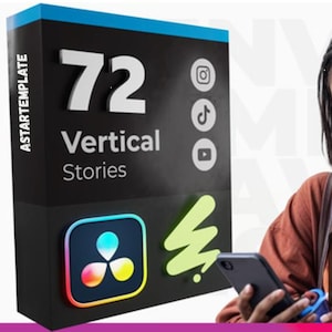 Op de afbeelding: Een zwarte doos met de tekst "72 Vertical Stories" en social media-iconen. Een vrouw houdt een smartphone vast. De doos heeft de tekst "ASTARTEMPLATE" en een kleurrijk logo. Een "Update 11" badge staat rechtsboven.