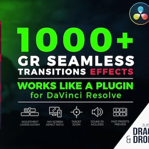 Può includere: Scatola del prodotto con il testo "1000+ GR SEAMLESS TRANSITIONS EFFECTS" e "WORKS LIKE A PLUGIN for DaVinci Resolve". La scatola è rossa e bianca con la lettera "S" sul davanti. Il testo "JUST DRAG & DROP" è anche visibile.