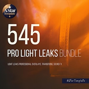 Könnte beinhalten: Orangefarbene Grafik mit dem Text "545 PRO LIGHT LEAKS BUNDLE". Das Bild enthält den Text "LIGHT LEAKS PROFESSIONAL OVERLAYS, TRANSITIONS, SOUND FX". Ein Logo in der oberen rechten Ecke und ein Logo oben links.
