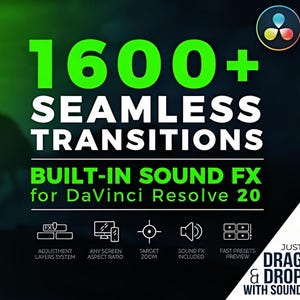 May include: A product box with a large white "S" on a red and black gradient background. The box is labeled "SEAMLESS TRANSITIONS PACK" and includes "SOUND FX". Text reads "1600+ SEAMLESS TRANSITIONS" and "for DaVinci Resolve 20".