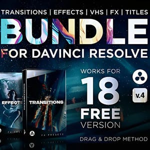 Op de afbeelding: Een advertentie voor een FX Presets Bundle voor DaVinci Resolve. De afbeelding bevat de tekst "ALL IN ONE FX PRESETS BUNDLE" en "TRANSITIONS | EFFECTS | VHS | FX | TITLES". Er staat ook dat het werkt voor 18 gratis versies en de drag-and-drop methode gebruikt.