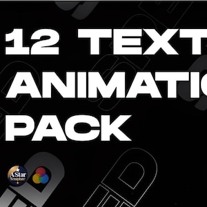 以下が含まれることがあります： 太字の白い文字で「12 TEXT ANIMATION PACK」という言葉が書かれた白黒のグラフィック。背景には、スタイリッシュなフォントで「SPEED」という単語が繰り返されるパターンがあります。「A Star Template」というテキストのロゴが左下にあります。