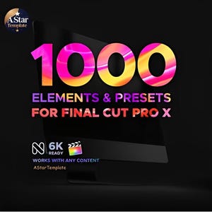 Peut inclure: Image promotionnelle pour un pack de montage vidéo. Le texte "1000 ELEMENTS & PRESETS FOR FINAL CUT PRO X" est affiché en rose et jaune vif. Une boîte "VIDEO LIBRARY" et une clape de cinéma sont également présentes.