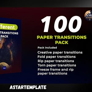 May include: A product box with the text "Different Paper Transitions Pack" and the number "100" in large white font. The pack includes creative, fold, rip, and torn paper transitions. The AStarTemplate logo is in the upper right corner.