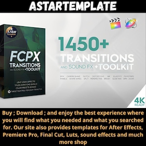 May include: A product box for FCPX Transitions and Sound FX Toolkit, featuring over 1450 transitions. The box is dark green with white and teal text. Includes light leaks, title animations, color presets, and zoom transition control. The image also includes the text "4K READY".
