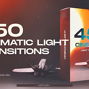 Könnte beinhalten: Produktbox mit dem Text "450 Cinematic Light Transitions" und "Version 2.0". Die Box hat einen dunkelroten und orangefarbenen Farbverlaufshintergrund mit einem stilisierten Jet. Das Produkt ist für Premiere Pro konzipiert.