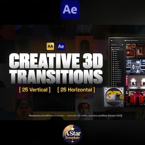 Peut inclure: Image promotionnelle pour le logiciel "Creative 3D Transitions". Le texte "CREATIVE 3D TRANSITIONS" est affiché en grandes lettres blanches, avec "[25 Vertical] [25 Horizontal]" en dessous. Le logo Adobe After Effects est visible, ainsi qu'une interface logicielle et un CD-ROM.
