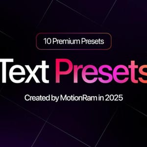 May include: A digital graphic featuring the words "Text Presets" in white and pink, with "10 Premium Presets" above. The graphic also includes the text "Created by MotionRam in 2025" on a dark background with a grid pattern.