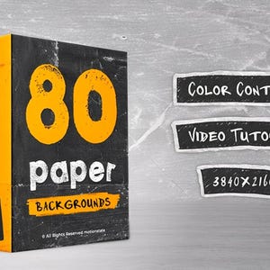 May include: A product box with the text "80 paper backgrounds" and "Animations 4K". The box is black with yellow text and accents. Additional labels read "Color Control", "Video Tutorial", and "3840x2160".