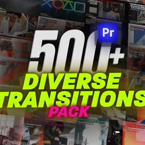 Könnte beinhalten: Werbebild für ein Videobearbeitungsprodukt. Das Bild zeigt den Text "500+ DIVERSE TRANSITIONS PACK" in großen, fetten Buchstaben. Der Hintergrund ist eine Collage von Video-Miniaturansichten, mit einem blauen "Pr"-Logo für Adobe Premiere Pro.
