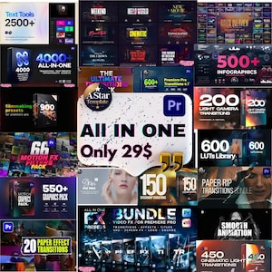 Peut inclure: Un collage d'éléments de conception numérique pour le montage vidéo, comprenant des outils de texte, des transitions et des packs graphiques. L'image présente divers préréglages logiciels, avec des superpositions de texte indiquant le nombre d'éléments disponibles.