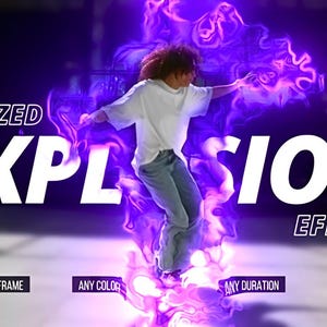 Puede incluir: Una persona con una camisa blanca y jeans está rodeada por un efecto de explosión púrpura. La imagen tiene el texto "FREEZED EXPLOSION EFFECT" con texto adicional: "AUTOMATIC FREEZE-FRAME", "ANY COLOR", "ANY DURATION" y "EASY TO USE".
