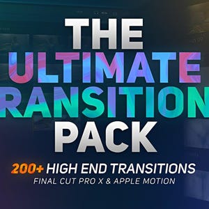 May include: A digital graphic promoting "THE ULTIMATE TRANSITIONS PACK" for Final Cut Pro X and Apple Motion. The text is in white, blue, and pink. The pack includes over 200 high-end transitions. The AStar Template logo is in the upper left corner.