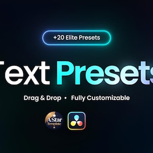 Puede incluir: Gráfico con las palabras "Text Presets" en blanco, con "Drag & Drop" y "Fully Customizable" debajo. Un óvalo azul brillante indica "+20 Elite Presets".