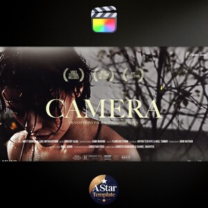 May include: A promotional image for a video editing transitions package. The word "CAMERA" is prominently displayed in a large, stylized font. Additional text indicates video tutorials are included and the package works with any resolution. A logo for "A Star Template" is at the bottom.