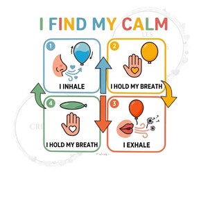 Peut inclure: Une affiche carrée intitulée I FIND MY CALM présentant quatre étapes numérotées pour des exercices de respiration. Chaque étape inclut une icône colorée de ballon, de main ou de visage, avec les textes I INHALE, I HOLD MY BREATH et I EXHALE.