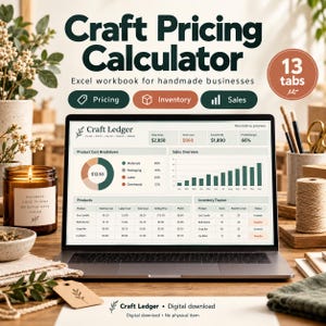 May include: A digital Craft Pricing Calculator Excel workbook displayed on a laptop screen. The interface shows a Craft Ledger dashboard with a product cost breakdown pie chart, a sales overview bar graph, and inventory tracker tables.