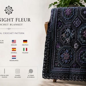 May include: A Midnight Fleur crochet blanket digital pattern featuring text, icons for detailed instructions, step-by-step photos, charts, and US terms. The blanket displays a dark, intricate floral motif in shades of purple, blue, and black.