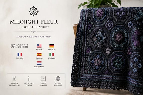 Crochet Blanket PDF - Midnight Fleur Mosaic Pattern with Dark Floral Motifs