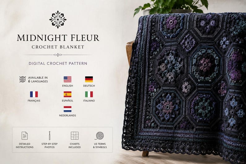 May include: A Midnight Fleur crochet blanket digital pattern featuring text, icons for detailed instructions, step-by-step photos, charts, and US terms. The blanket displays a dark, intricate floral motif in shades of purple, blue, and black.