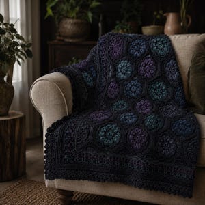 May include: A dark-colored crochet blanket featuring a repeating hexagonal motif with floral patterns in shades of deep purple, teal, and blue. The blanket has a wide, intricate border with a scalloped edge and is draped over a beige sofa.