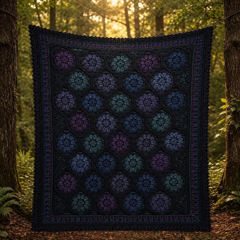 Crochet Blanket PDF - Midnight Fleur Mosaic Pattern with Dark Floral Motifs image 10