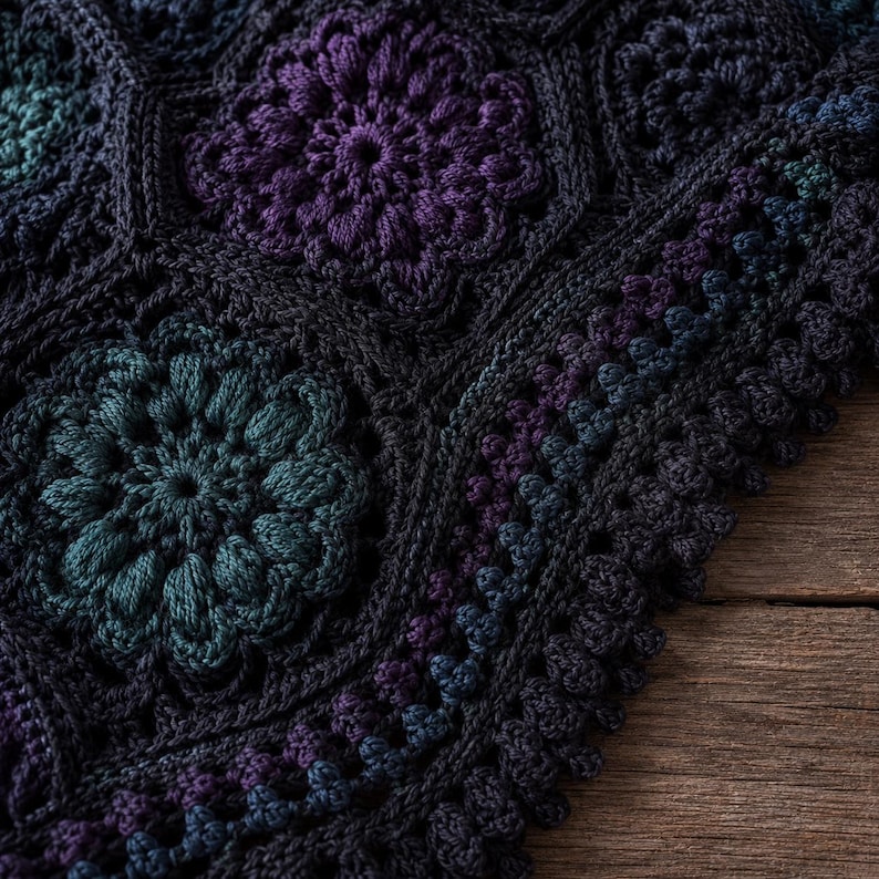 May include: A crochet blanket featuring a series of interconnected hexagonal motifs in deep shades of purple, teal, and dark blue. The design showcases intricate floral-like patterns with textured stitches and a scalloped border edge.