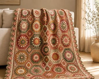 Crochet Blanket Pattern – Ember & Sage Bloom, Floral Motif Afghan, Digital Download in 6 Languages